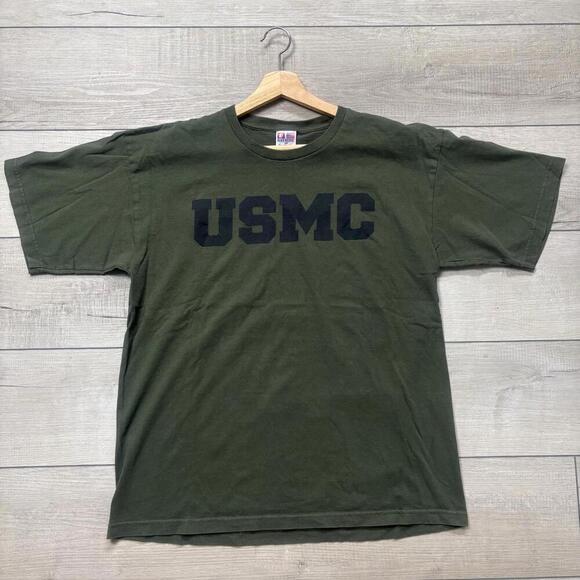VTG USMC Military T-Shirt Olive Green Bayside Tag Large Made in USA Marines Y2K - Picture 1 of 6
